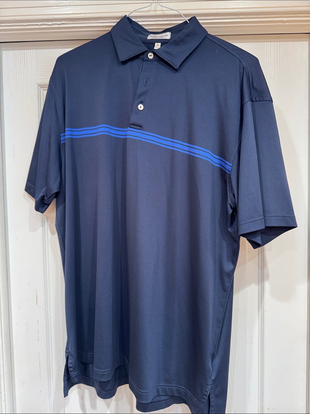 Peter Millar Navy Polo with Bright Blue Chest Stripe